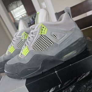 Jordan 4's Retro Neons                     Men's Gray and Neon Green Sneakers